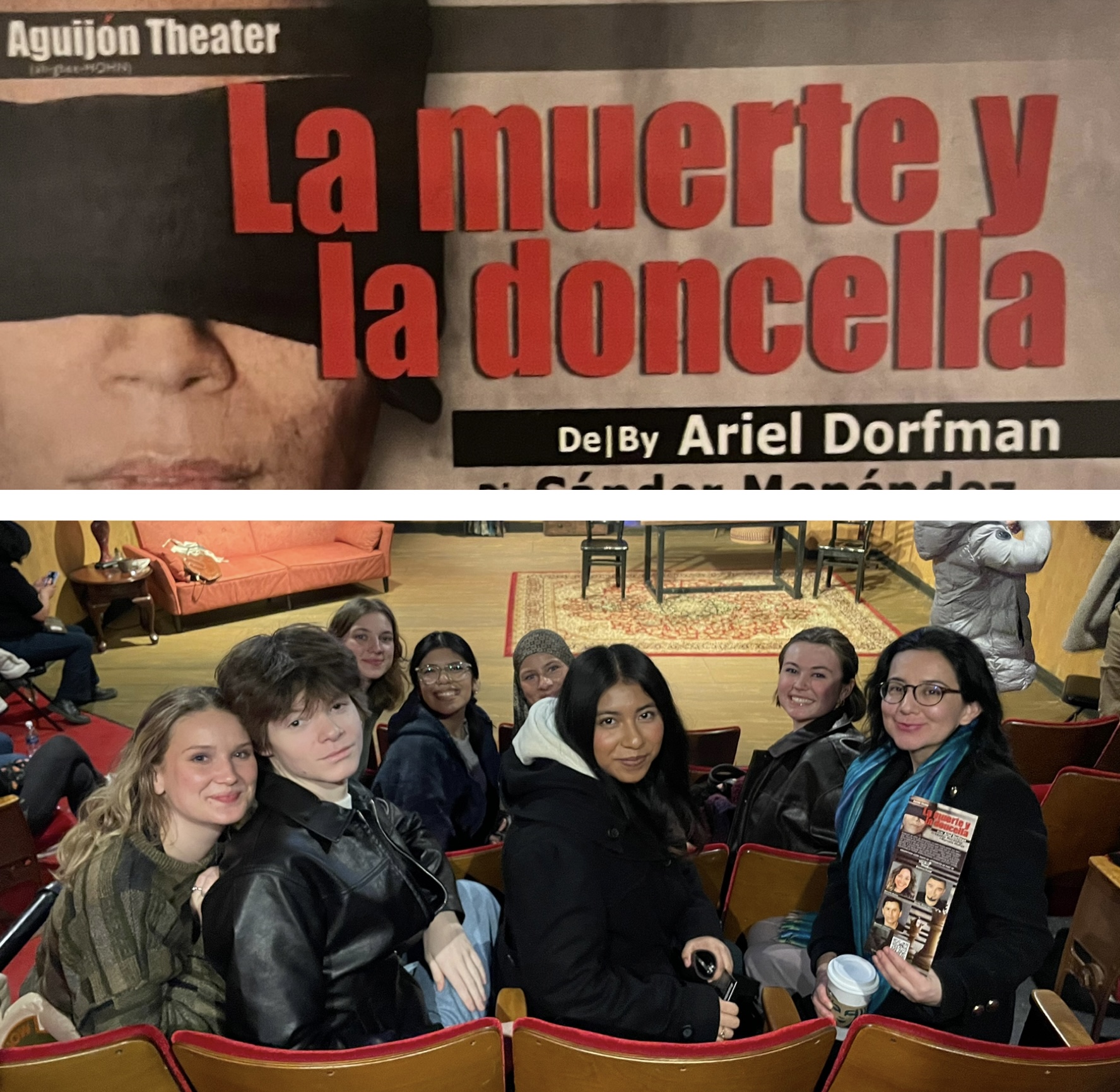 la muerte y la doncella bookcover and photo of students at theatrical performance.